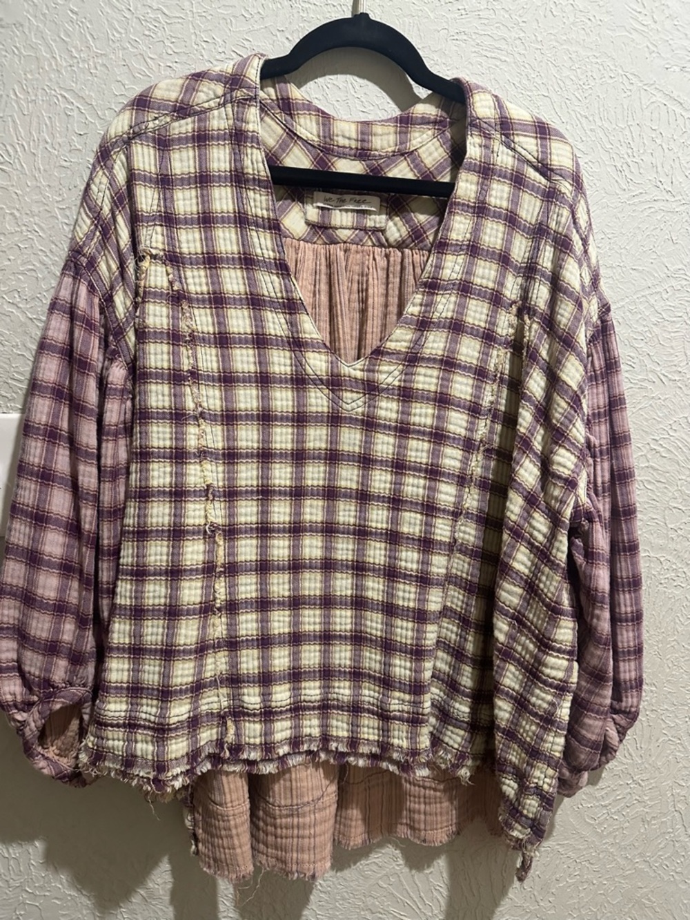Free People Lavender and Cream Plaid V-Neck Tunic with Layered Underpanel